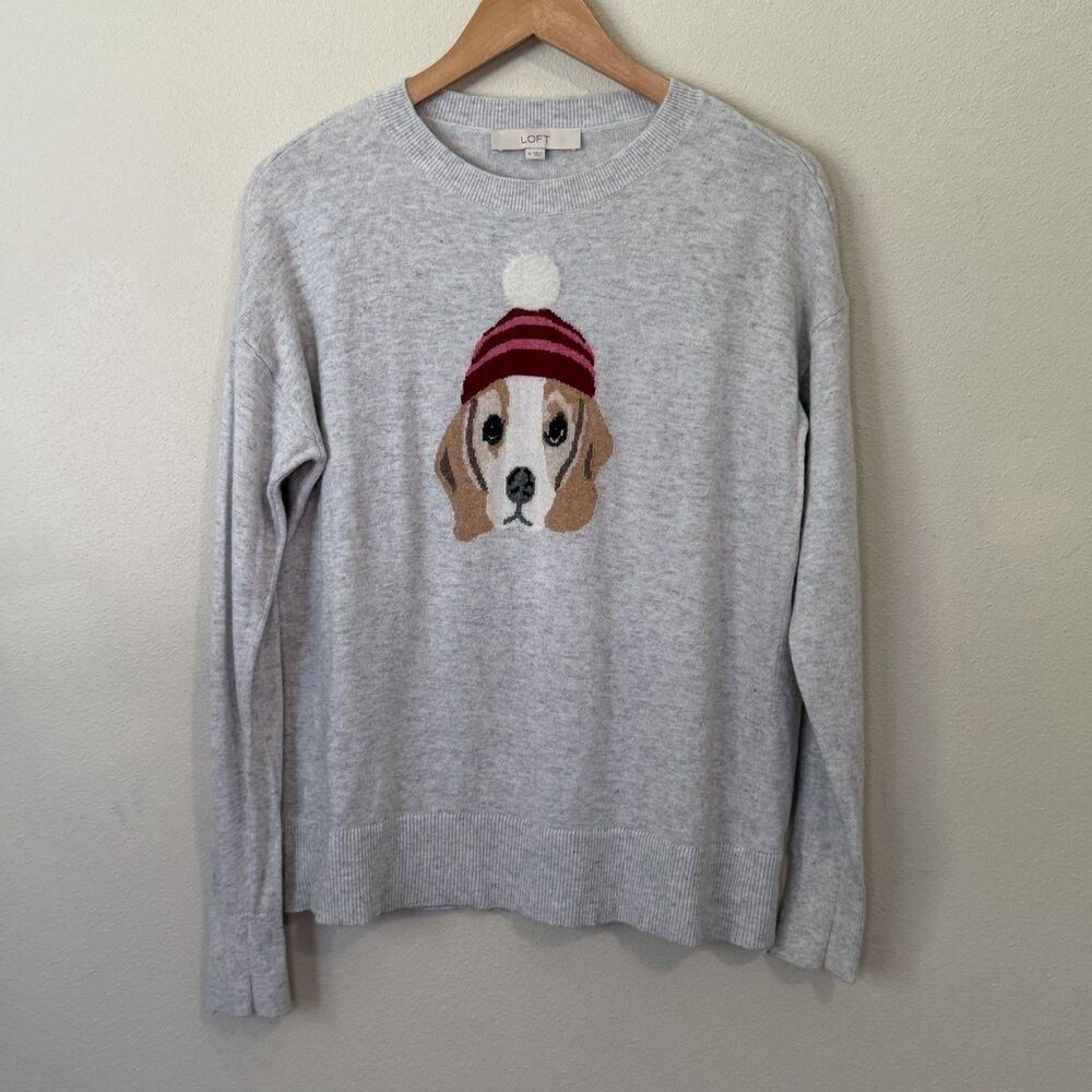 LOFT Beagle Dog Knit Sweater Wool Blend Gray Womens M Long Sleeve Crewneck Top